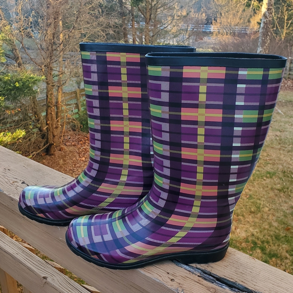 Purple Plaid Rain Boots